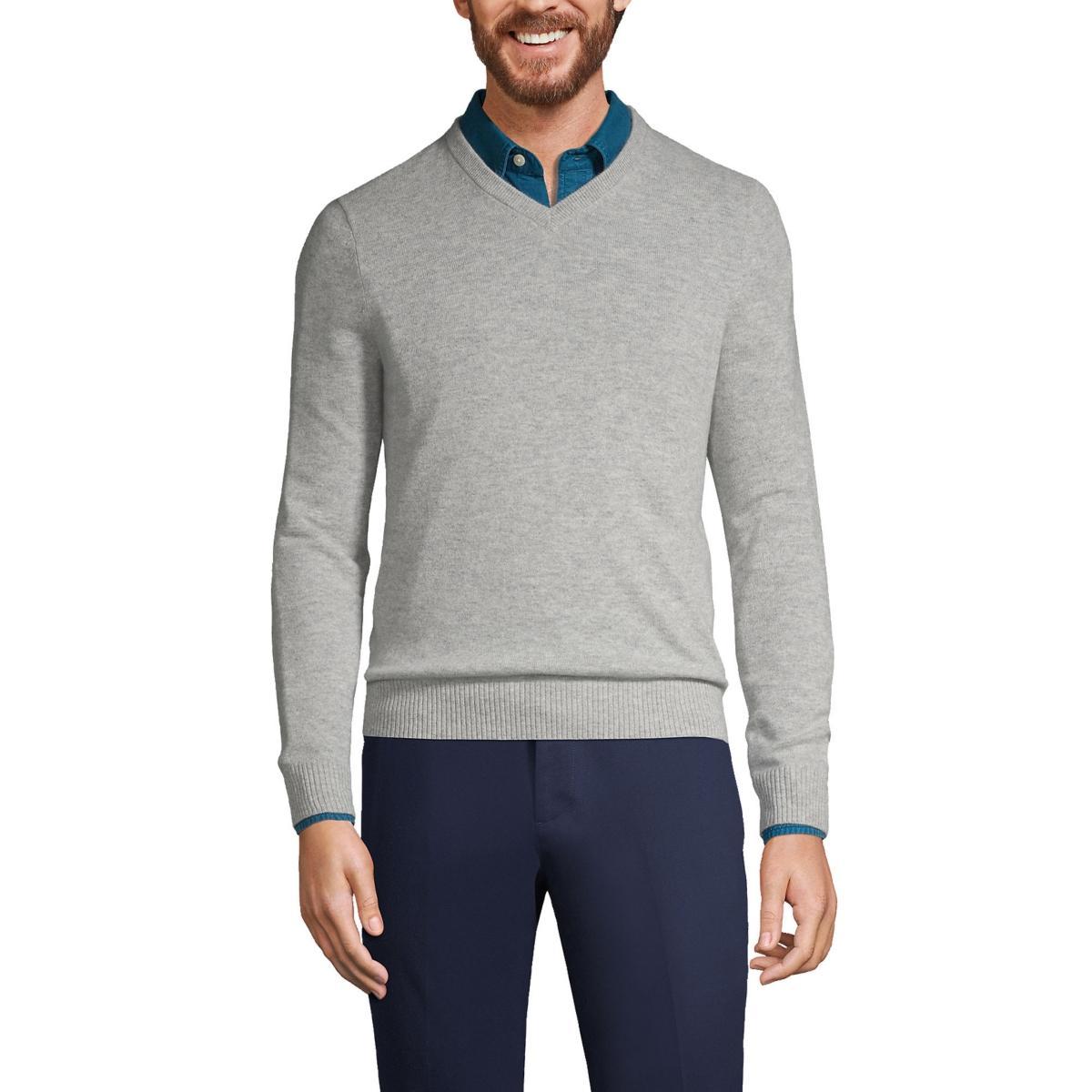 Big & Tall Lands End Fine-Gauge Cashmere V-neck Sweater, Mens Light Gray Grey Product Image