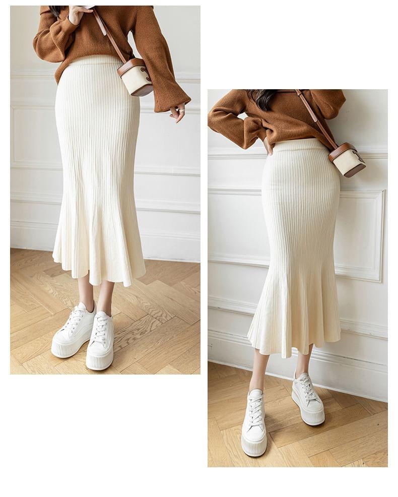 High Rise Plain Midi Mermaid Ribbed Knit Skirt product image