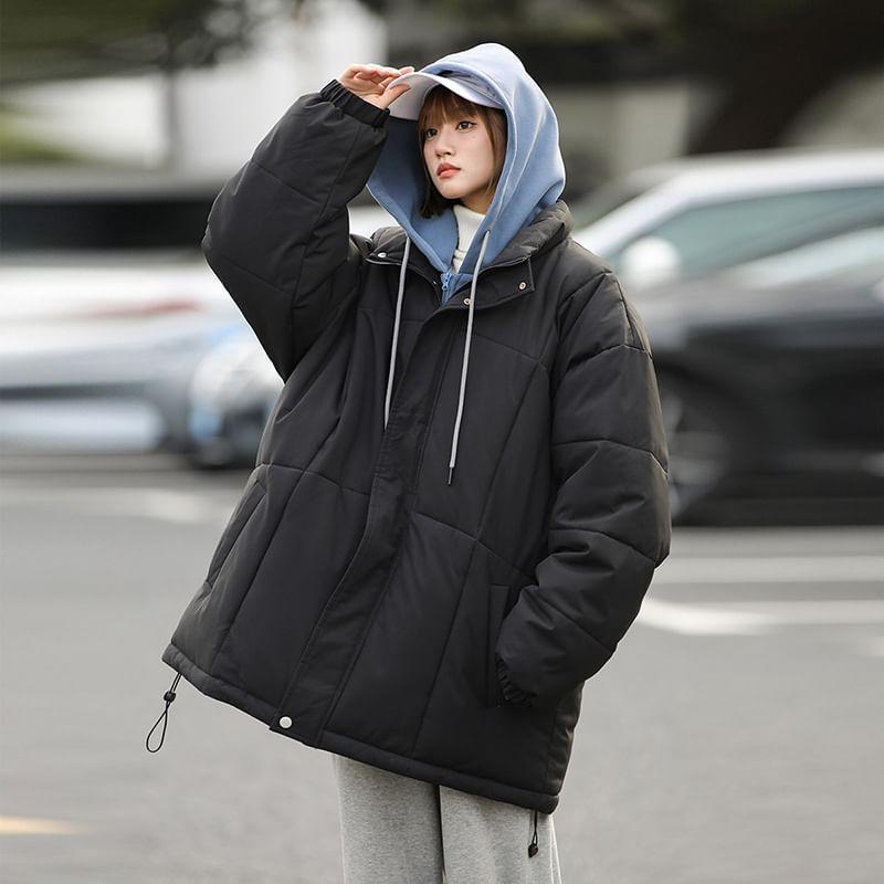 Mock Two-Piece Two-Tone Hooded Padded Zip Jacket Product Image