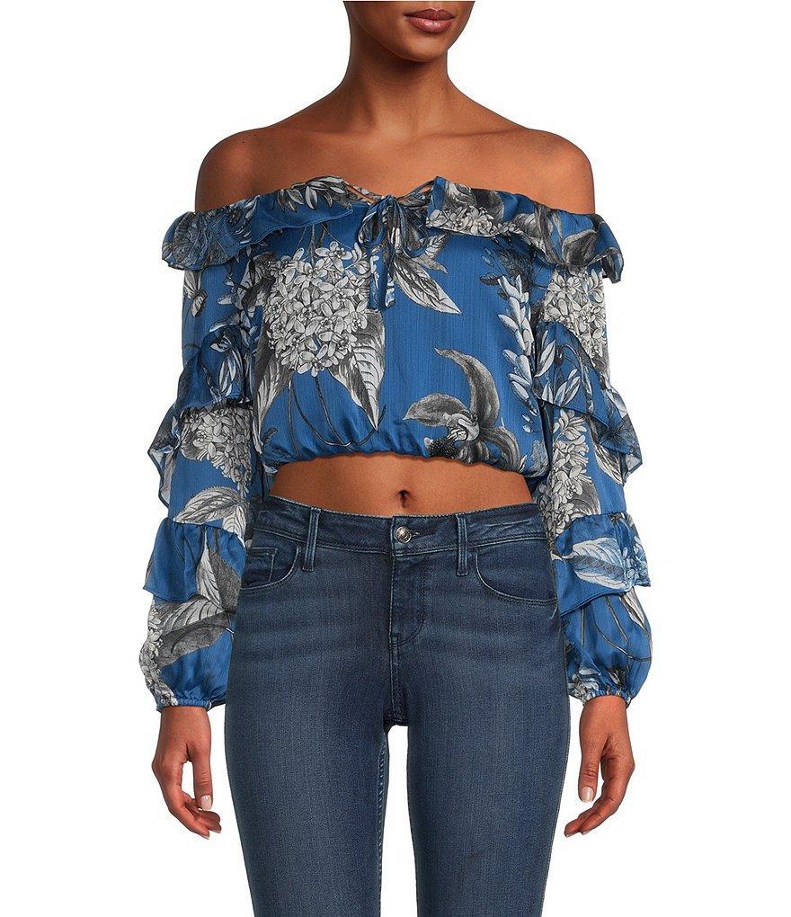 Guess Shani Large Floral Print Off-The-Shoulder Long Sleeve Ruffle Crop Top Product Image