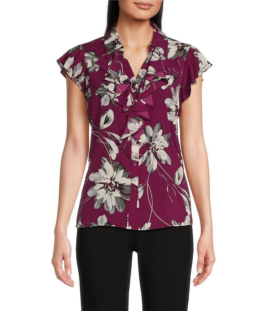 Calvin Klein Floral Print Cap Sleeve Ruffle Button Front Blouse Product Image