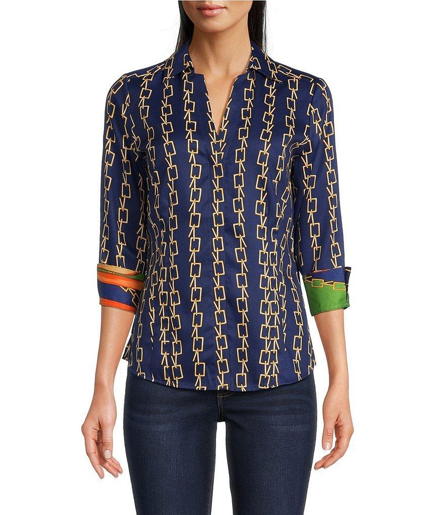 Foxcroft Taylor Chain Stripe Print Point Collar 3/4 Sleeve Contrast Cuff Shirt Product Image