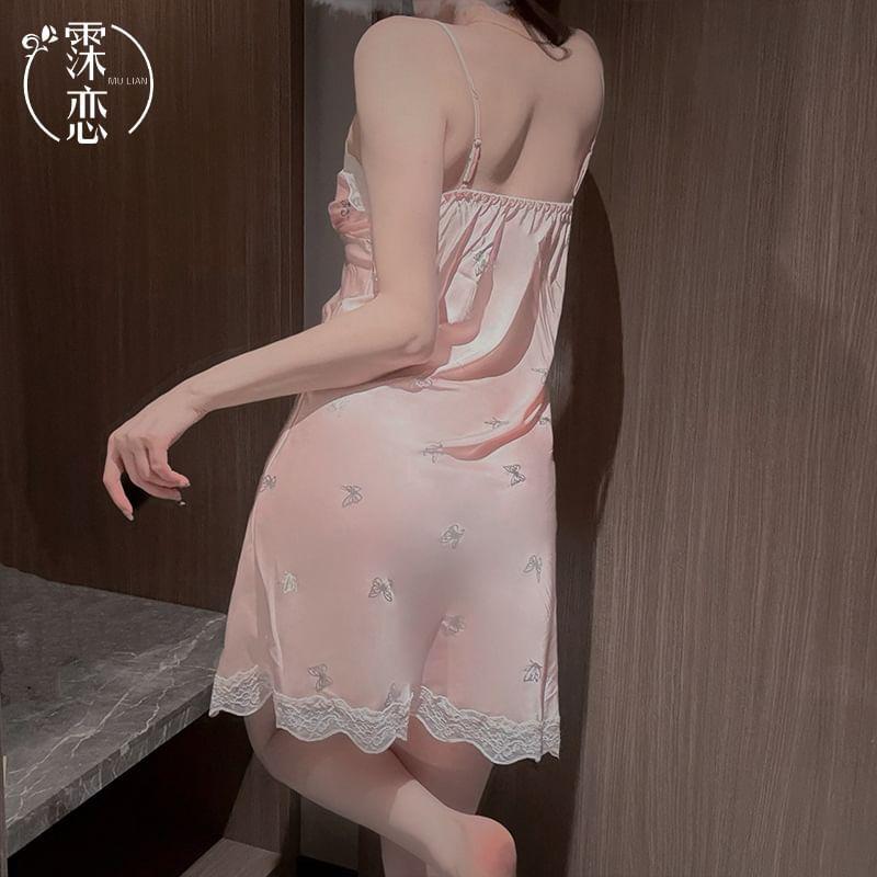 Spaghetti Strap V-Neck Butterfly Print Bow Panel Lace Nightdress Product Image