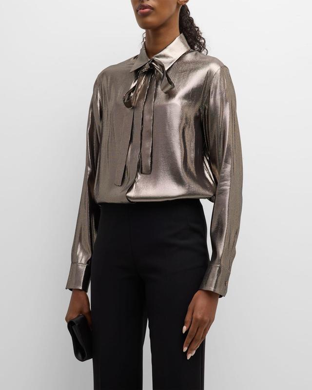 Womens Metalic Silk-Blend Tie-Neck Blouse Product Image