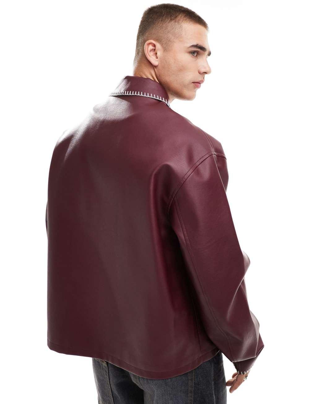 ASOS DESIGN faux leather harrington jacket with contrast stitch in burgundy Product Image