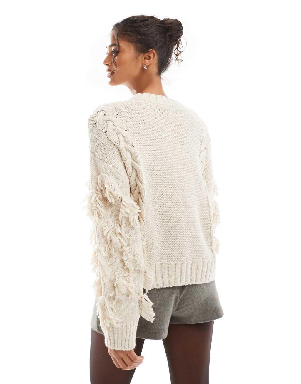 Bershka chunky textured cable knit sweater in ecru Product Image