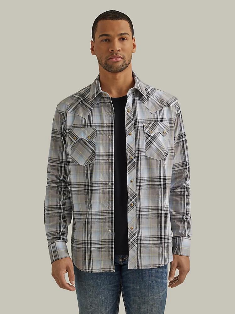 Wrangler Retro® Men's L/S Modern Fit Stony Grey Plaid Snap Shirt Product Image