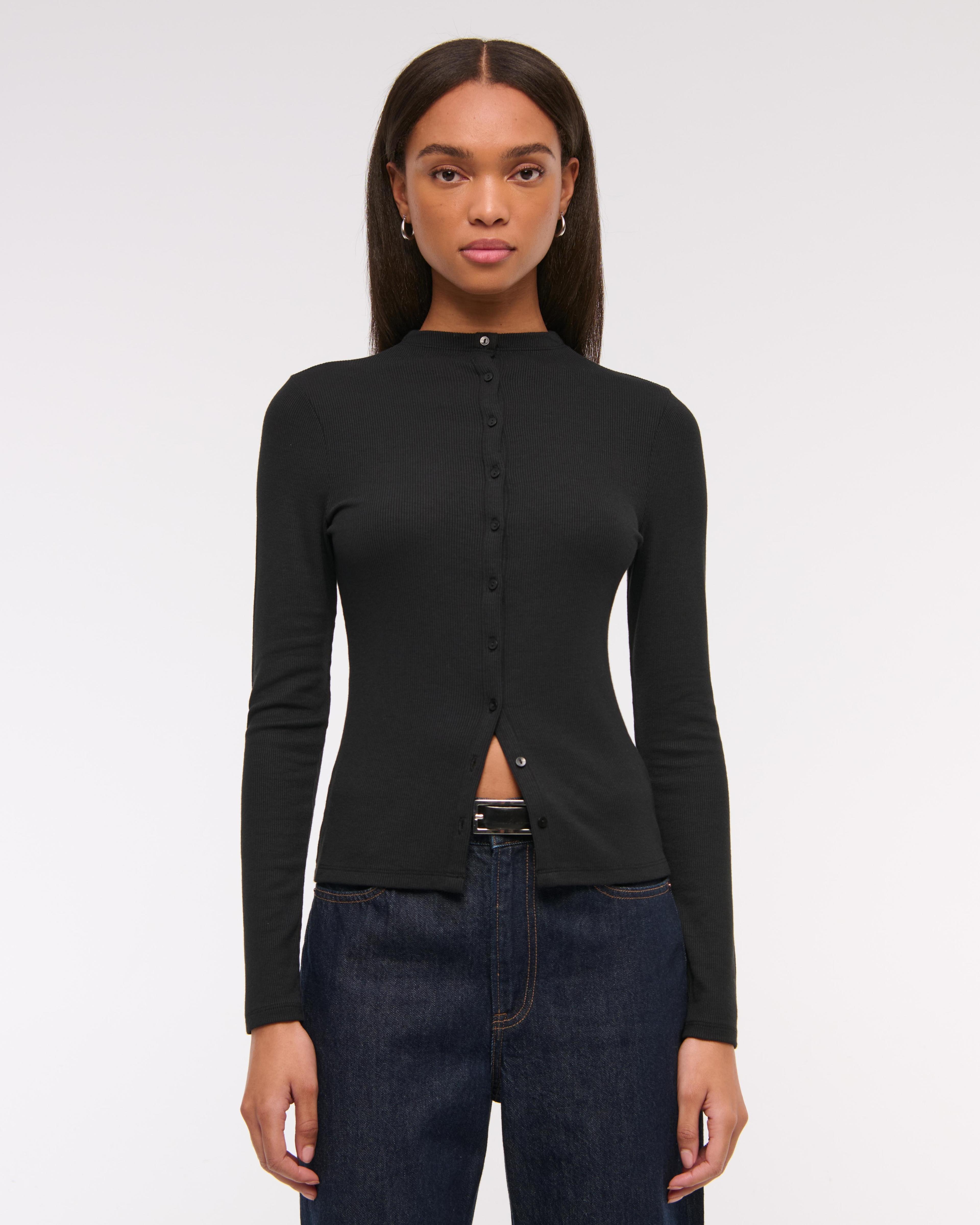 Long-Sleeve Mockneck Button-Through Top Product Image