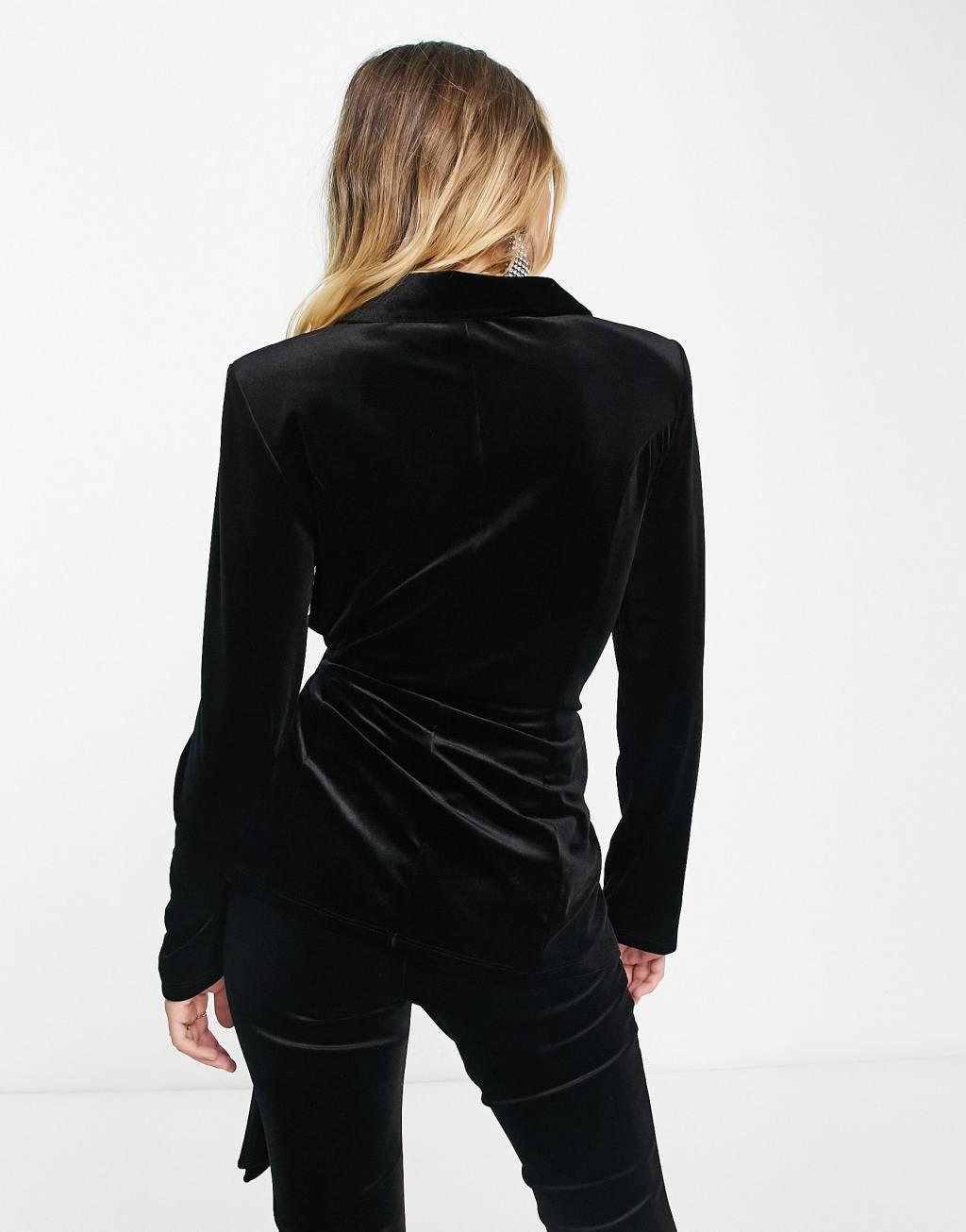 ASOS DESIGN velvet suit blazer with side wrap belt in black Product Image