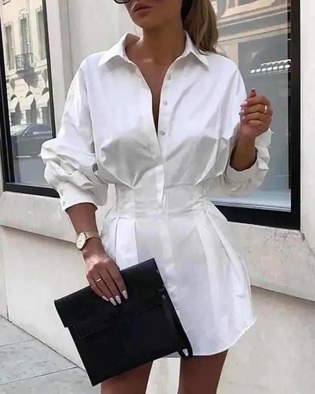 Olivia Mark – Plain shirt dress with long sleeves and tight waist Product Image