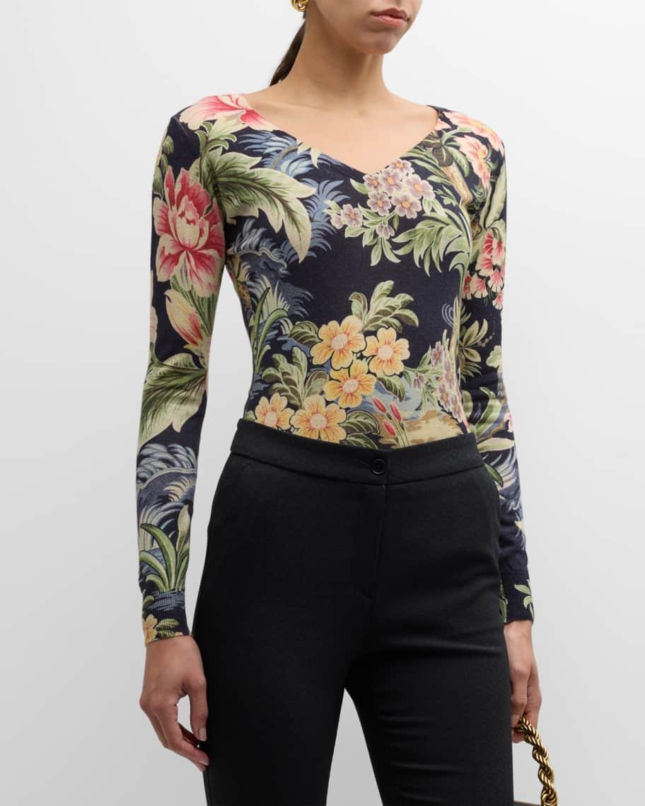 Enchanted Floral V-Neck Long-Sleeve Fitted Sweater Product Image