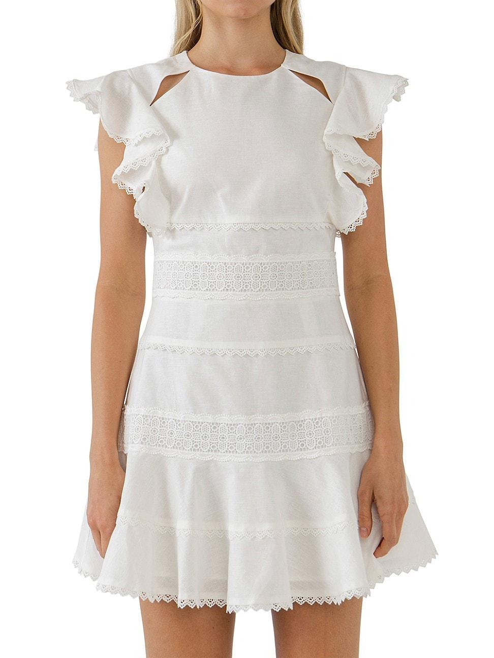 Womens Lace Trimmed Ruffle Sleeve Dress with Cutout Product Image