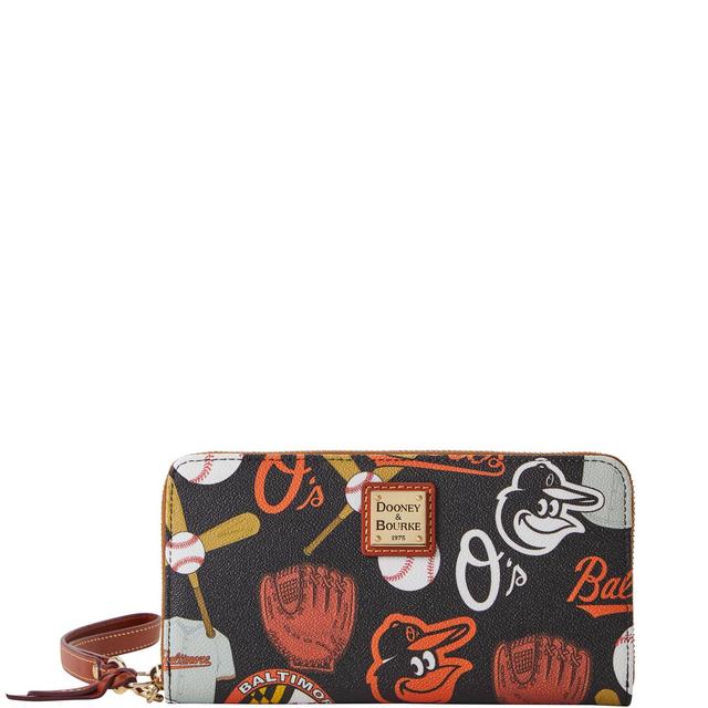 Dooney & Bourke Womens MLB Orioles Large Zip Around Coated Cotton Wristlet in Black Product Image