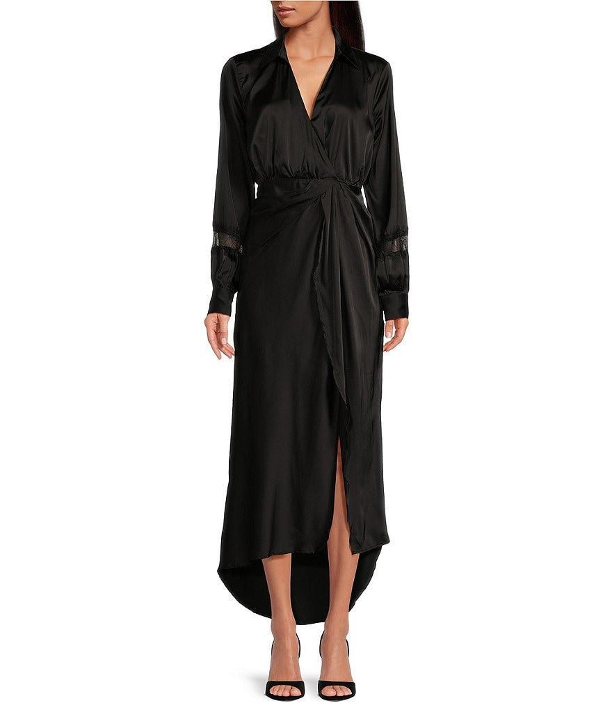 En Saison Holland Satin V-Neck Long Sleeve Faux Wrap Lace Maxi Dress Product Image