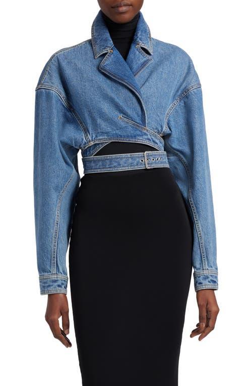 Womens Denim Cropped Belted Wrap Jacket Product Image