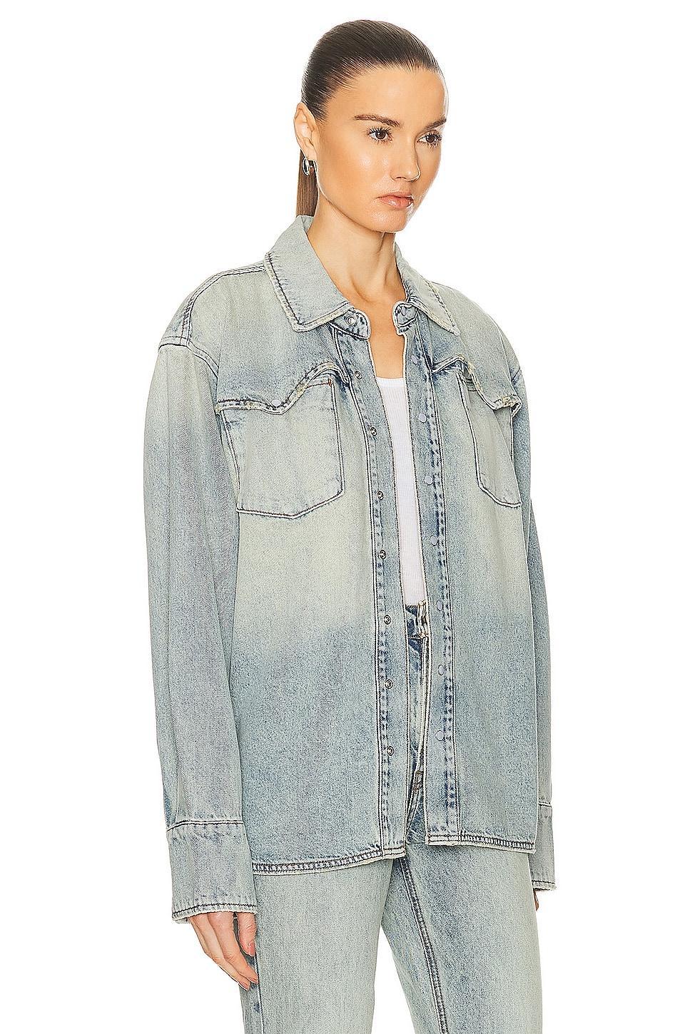 GRLFRND Emerson Western Shirt Jacket in Blue. Product Image