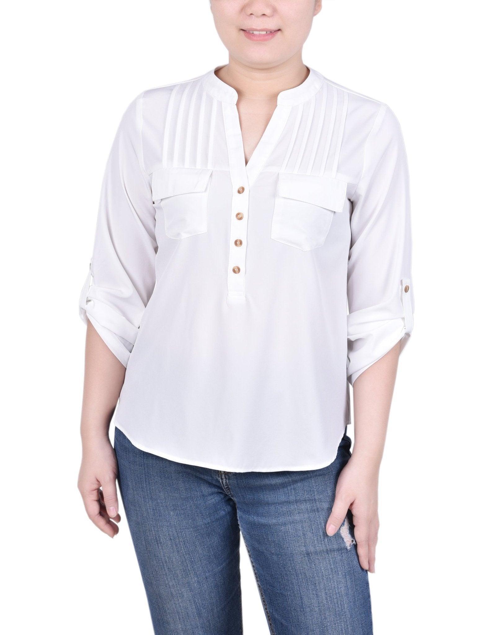 Long Tab-Sleeve Blouse With Pockets - Petite Product Image