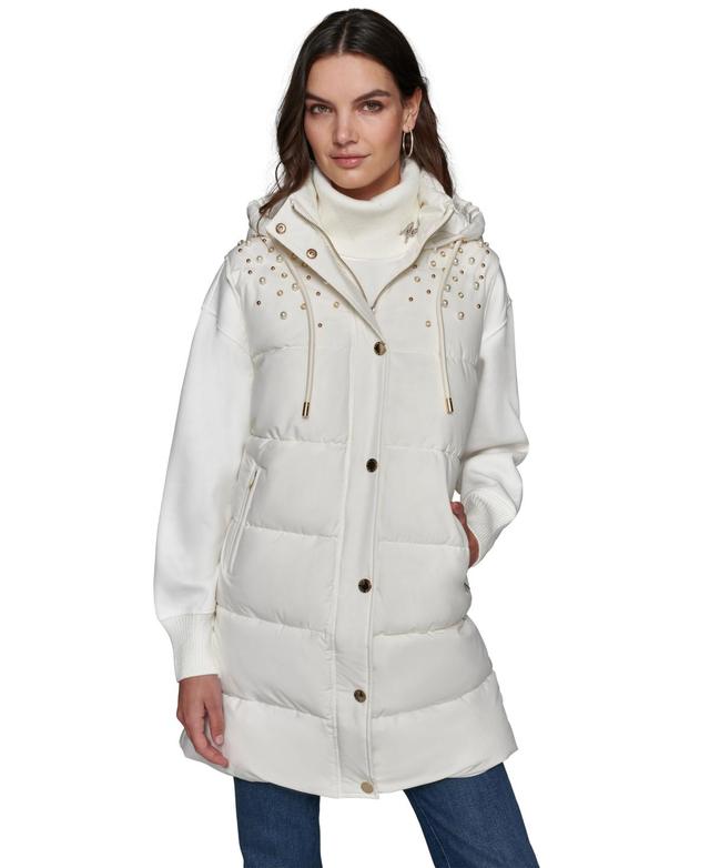 Karl Lagerfeld Paris Womens Embellished Hooded Puffer Coat Product Image