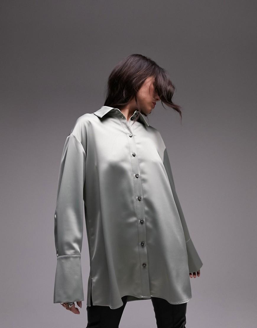 Topshop long sleeve satin shirt in light khaki product image