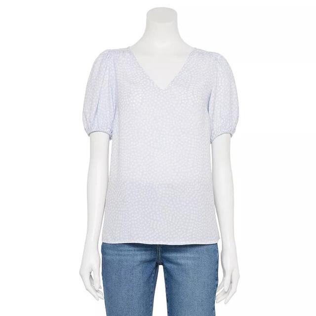 Womens LC Lauren Conrad Short Puff Sleeve V-Neck Woven Top Med Blue Product Image