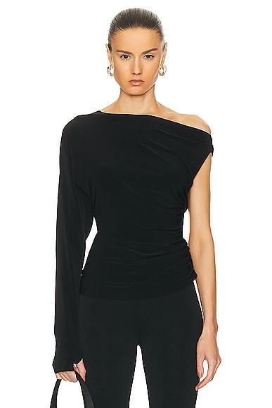 Norma Kamali One Sleeve Drop Shoulder Side Drape Top Black. (also in M, S, XL). Product Image