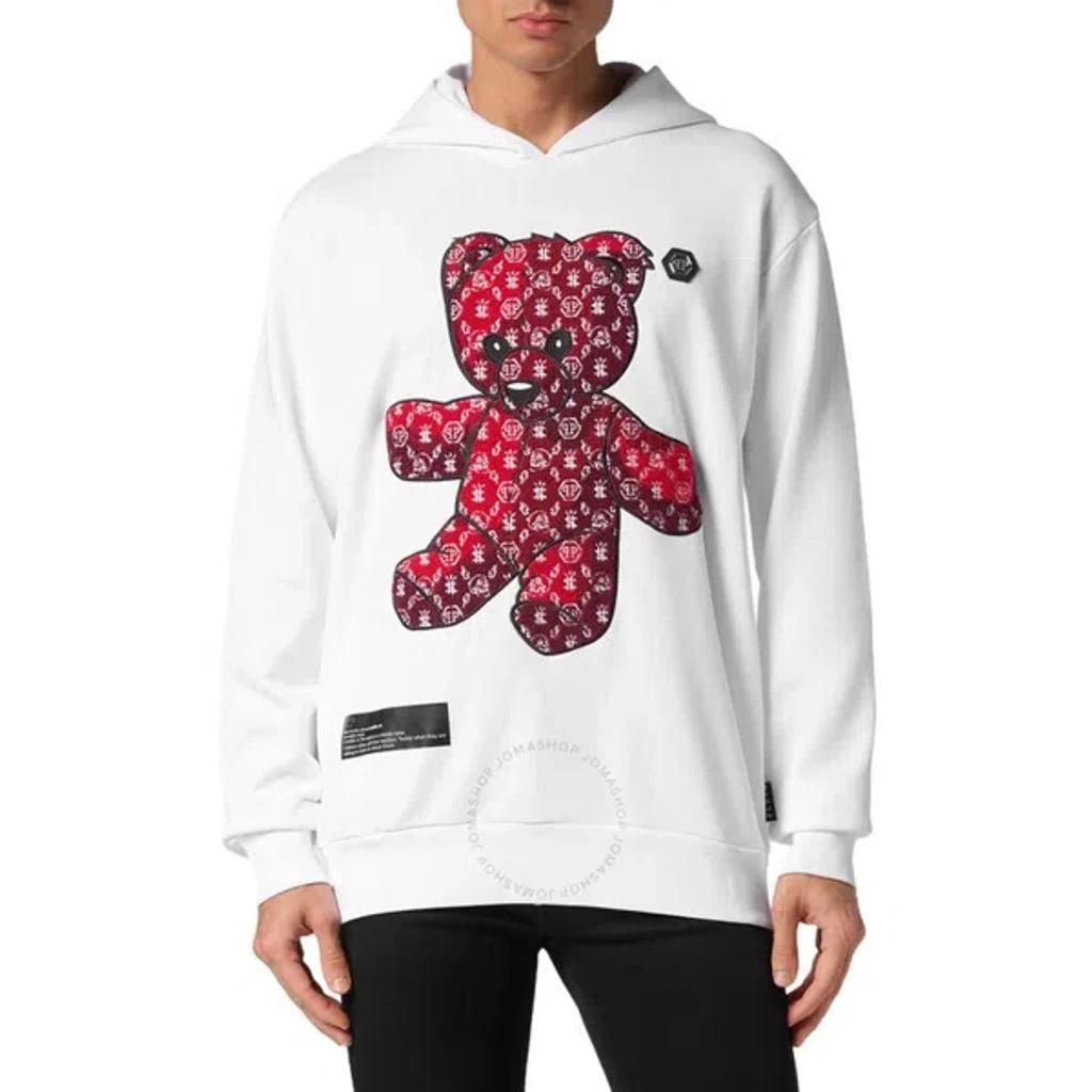 Teddy Bear Embroidered Cotton Fleece Hoodie In White Product Image