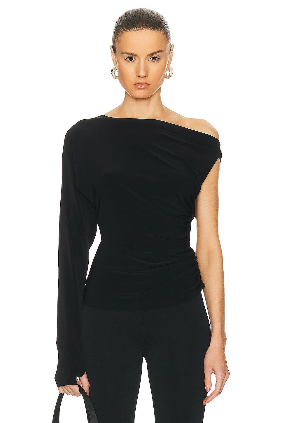 Norma Kamali One Sleeve Drop Shoulder Side Drape Top Black. (also in M, S, XL). Product Image