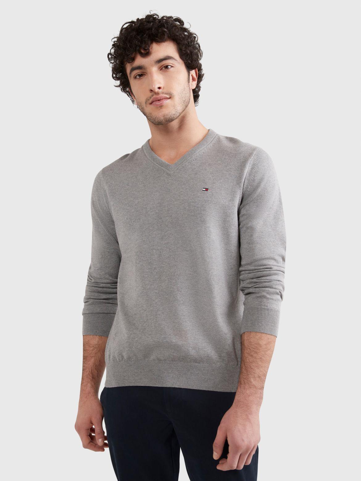 Mens Tommy Hilfiger Essential Cotton V-Neck Sweater Grey Grey Product Image