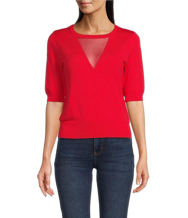 DKNY Knit Crew Mesh V-Neck Elbow Length Sleeve Top Product Image