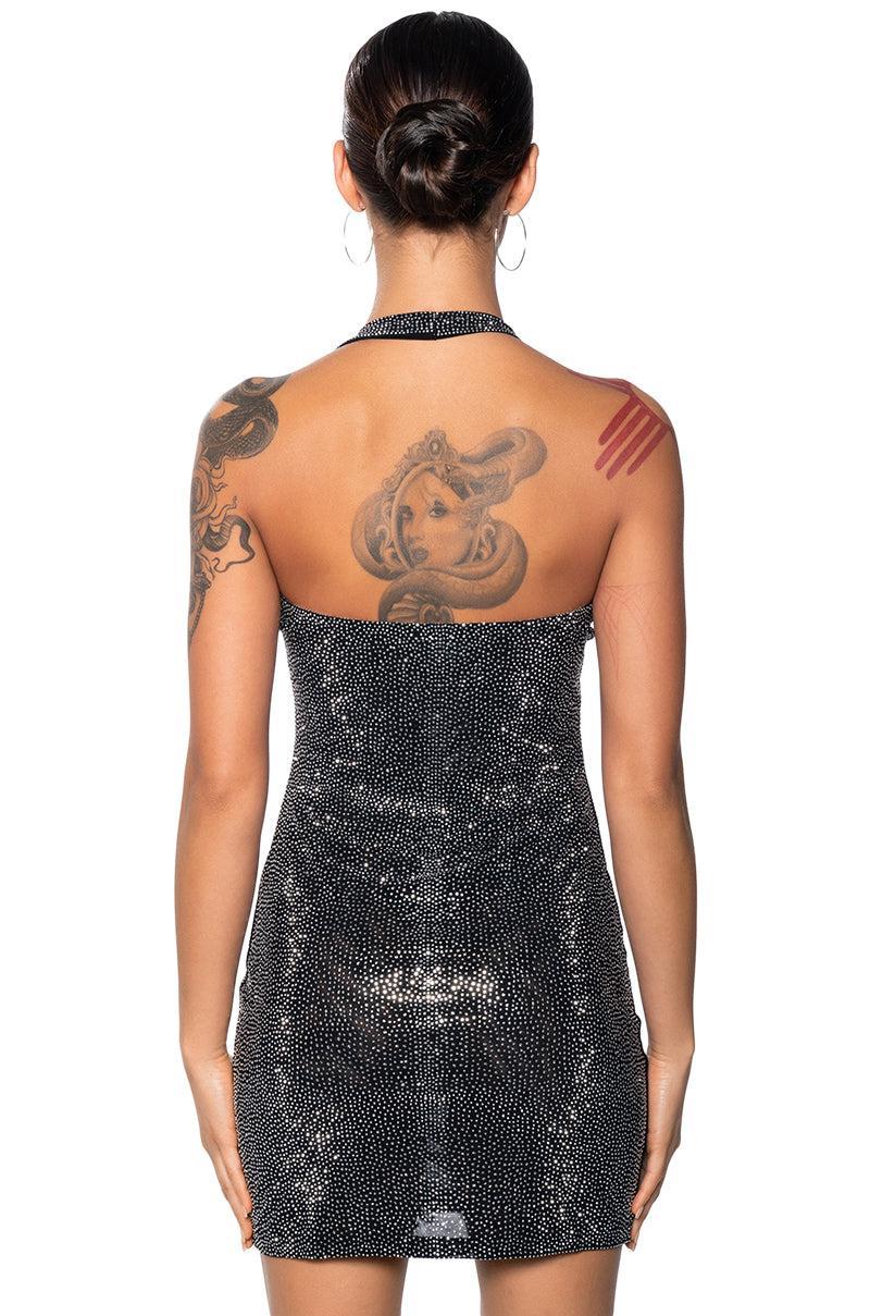 SHES GLOWING RHINESTONE MINI DRESS IN BLACK Product Image