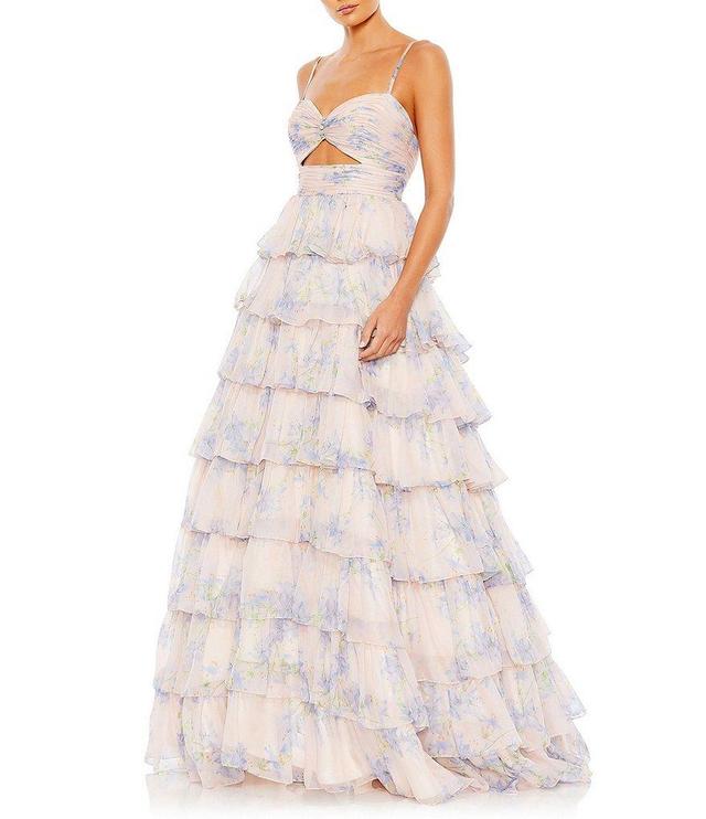 Mac Duggal Floral Print Sweetheart Neck Spaghetti Strap Sleeveless Cut Out Open Back Detail Ruffle Tiered Ball Gown Product Image