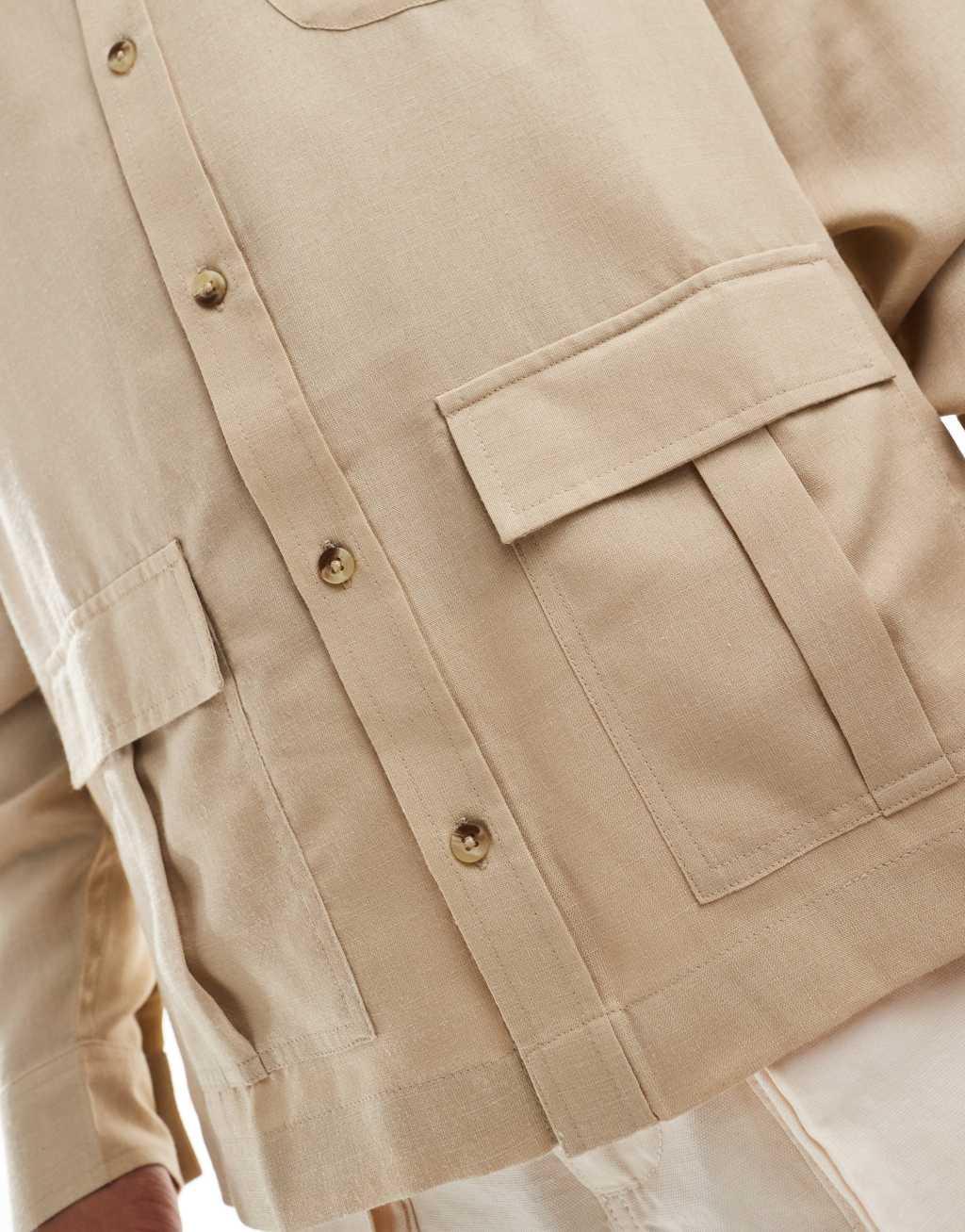 ASOS DESIGN oversized square collar shirt with cargo pockets in beige Product Image