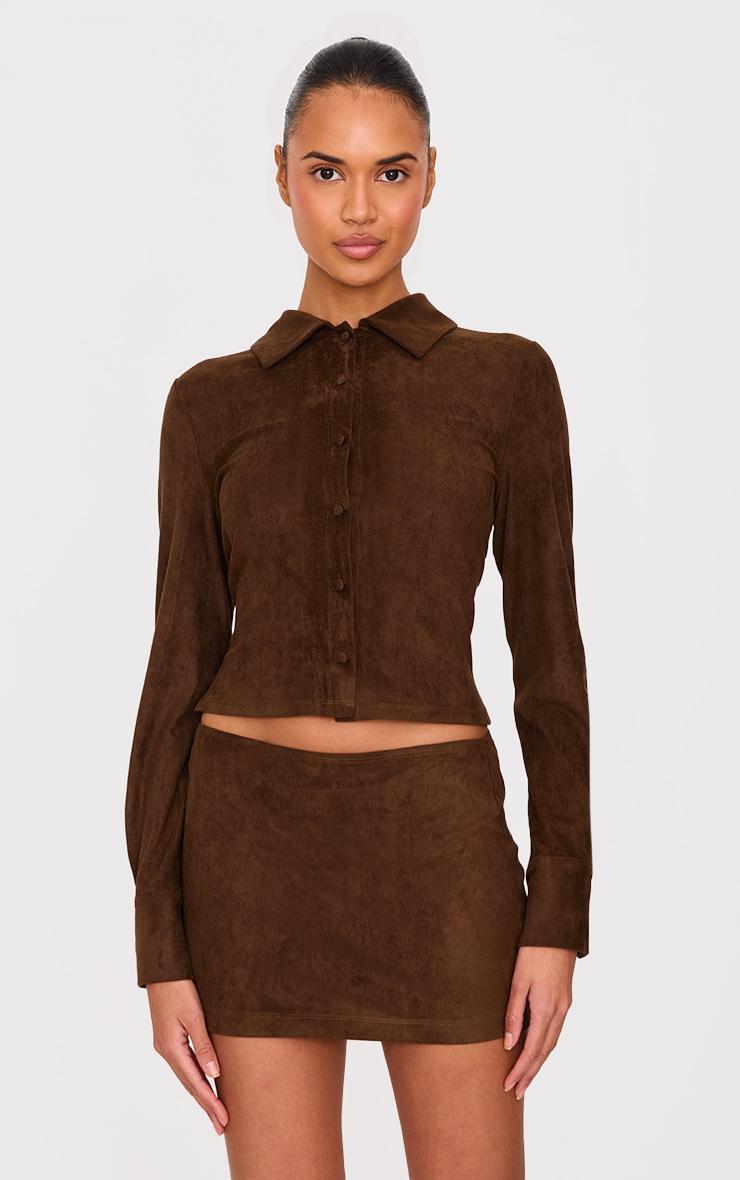 Chocolate Distressed Faux Suede Low Rise Micro Mini Skirt Product Image