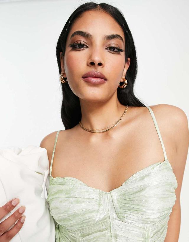 ASOS DESIGN boned corset in pleated metallic green Product Image