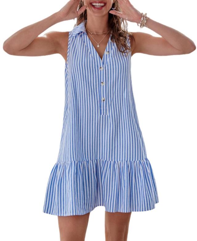 Women's Striped Collared Ruffled Mini Beach Dress Product Image