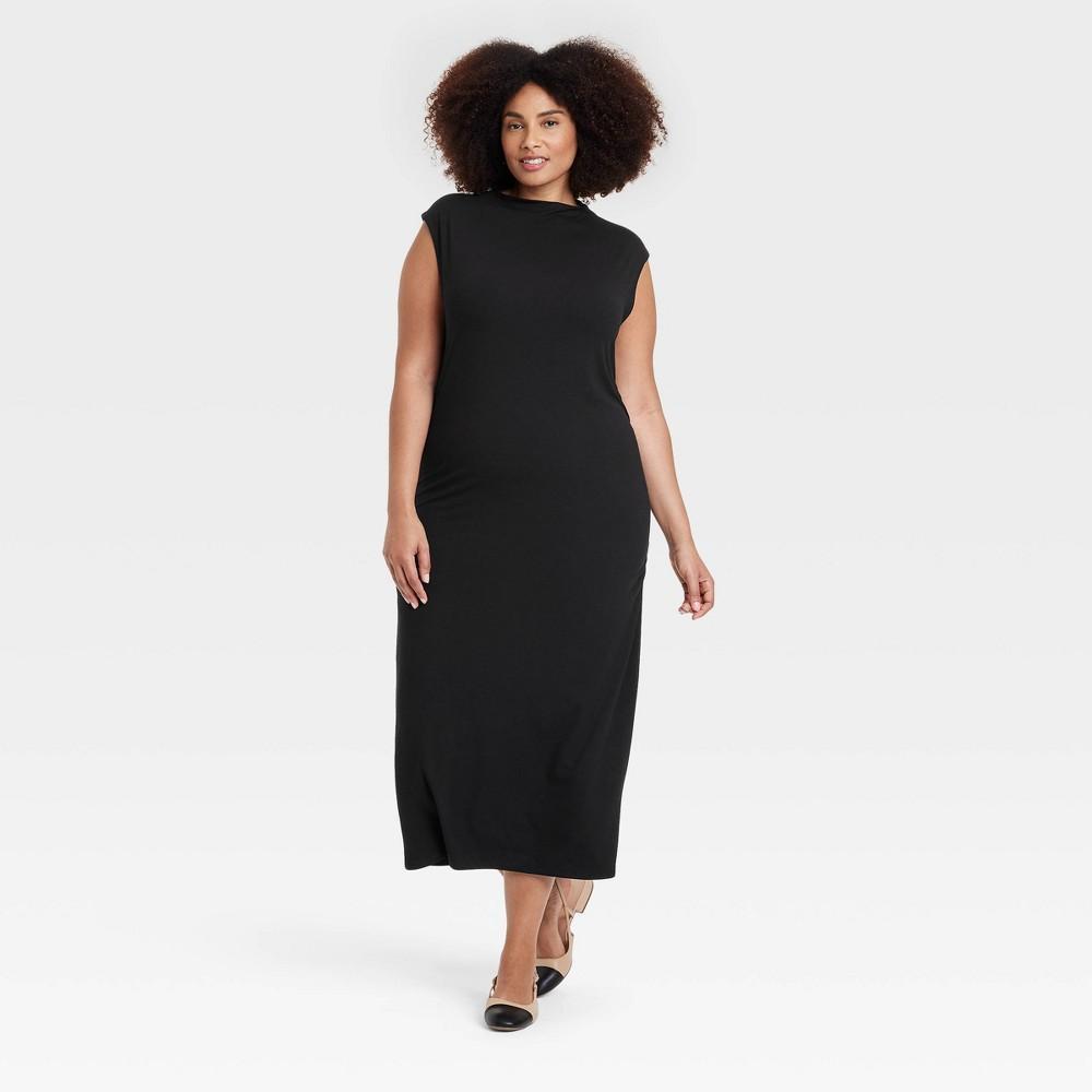 Womens Ruched Knit Midi Dress - A New Day Black XXL Product Image