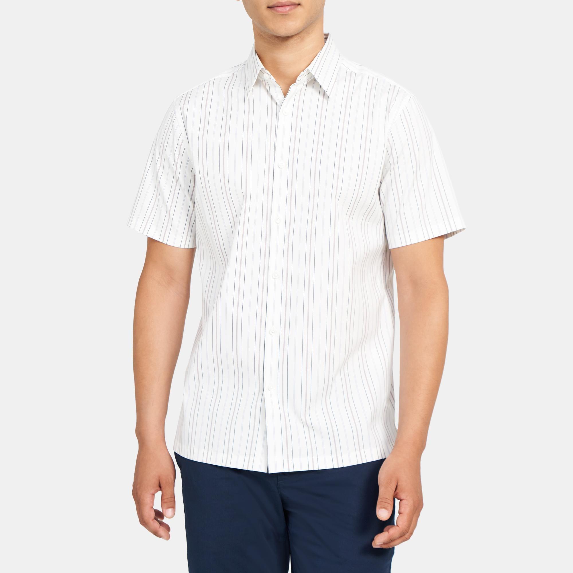 Theory Outlet Official Site | Standard-Fit Short-Sleeve Shirt in Striped Stretch Cotton Product Image