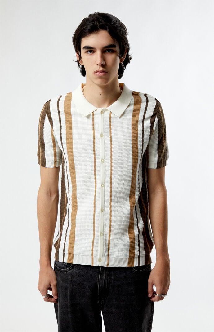 Men's Tan Button Down Polo Shirt in Cream/Brown - Product Image