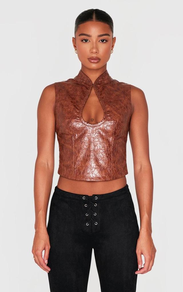 Brown Textured Faux Leather Keyhole Long Top Product Image