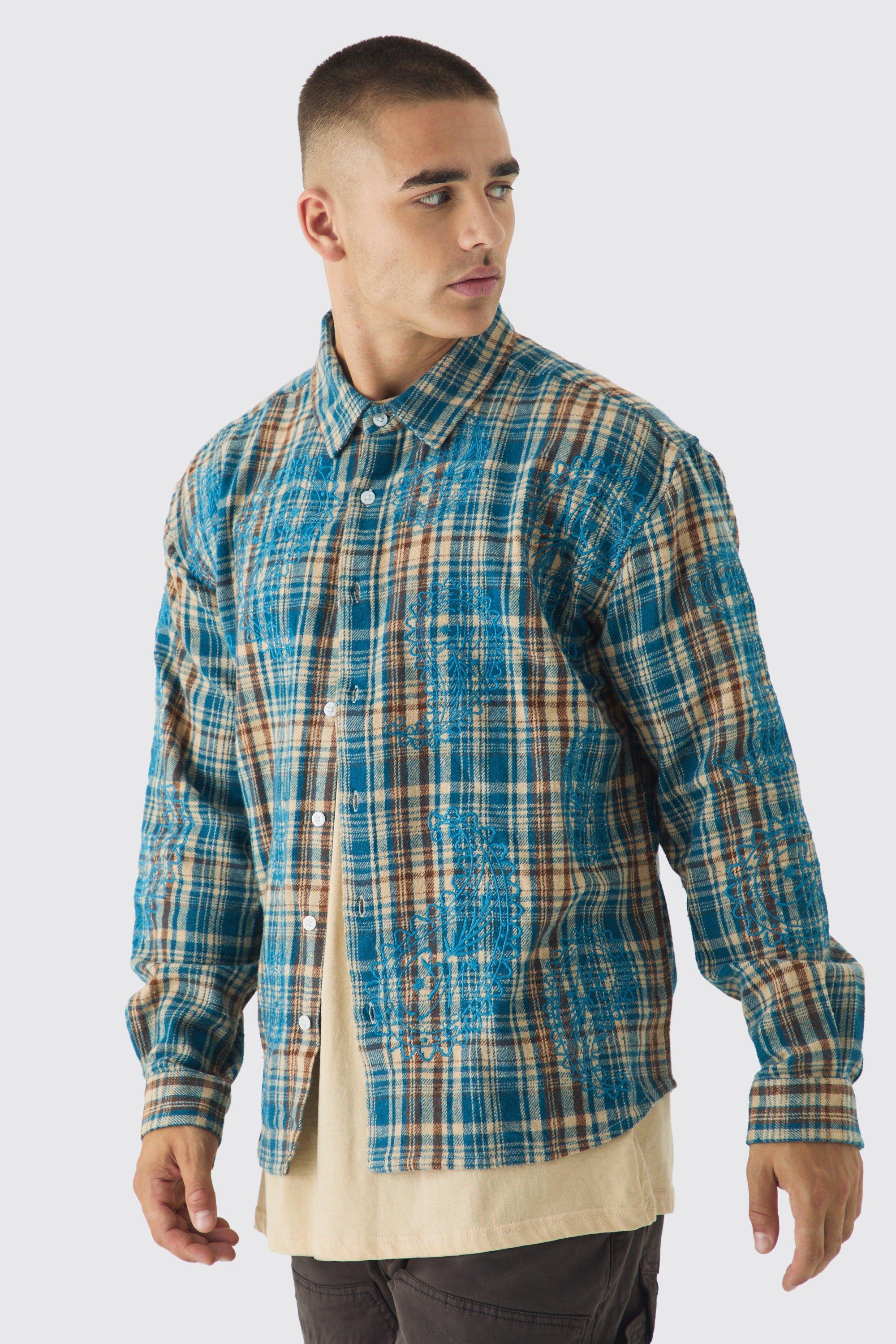 Mens Blue Oversized Paisley Embroidered Check Long Sleeve Shirt, Blue Product Image