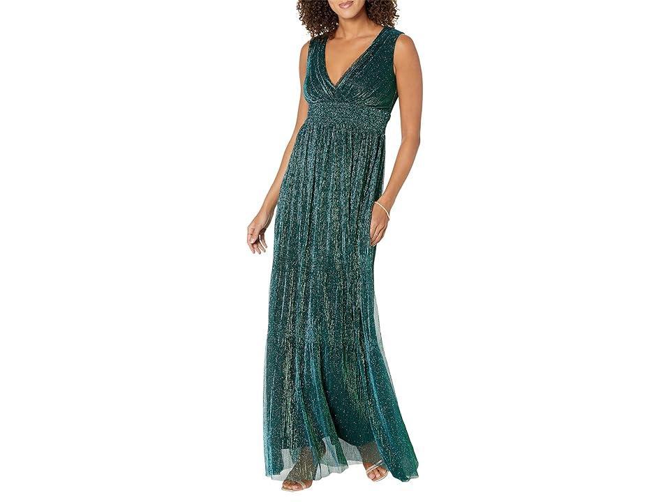 Betsy & Adam Long Crinkle V-Neck Dress (Jade) Women's Dress Product Image