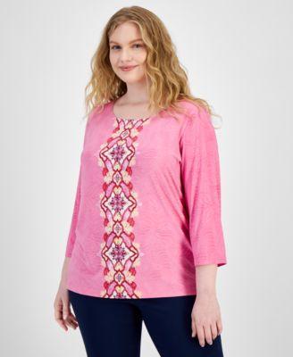 Plus Size Printed Jacquard 3/4-Sleeve Top, Created for Macy's Product Image