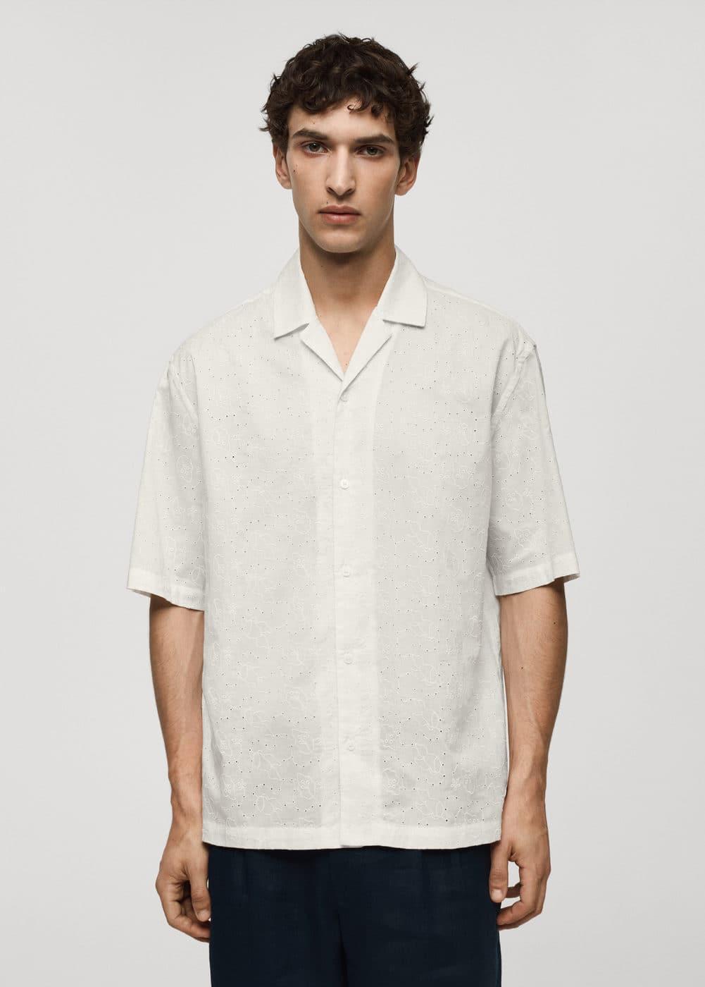 Mango Mens Relaxed Fit Cotton Embroidered Shirt Product Image