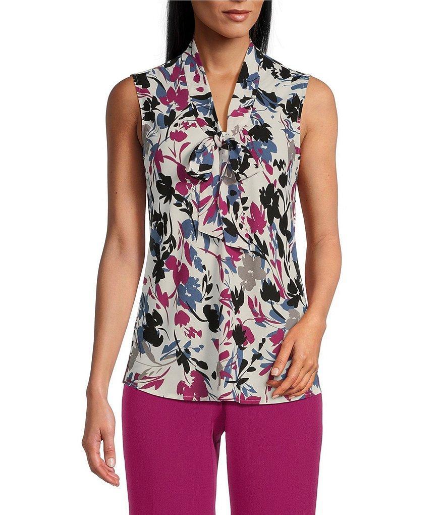 Kasper Printed V-Neck Sleeveless Tie Front Blouse Product Image