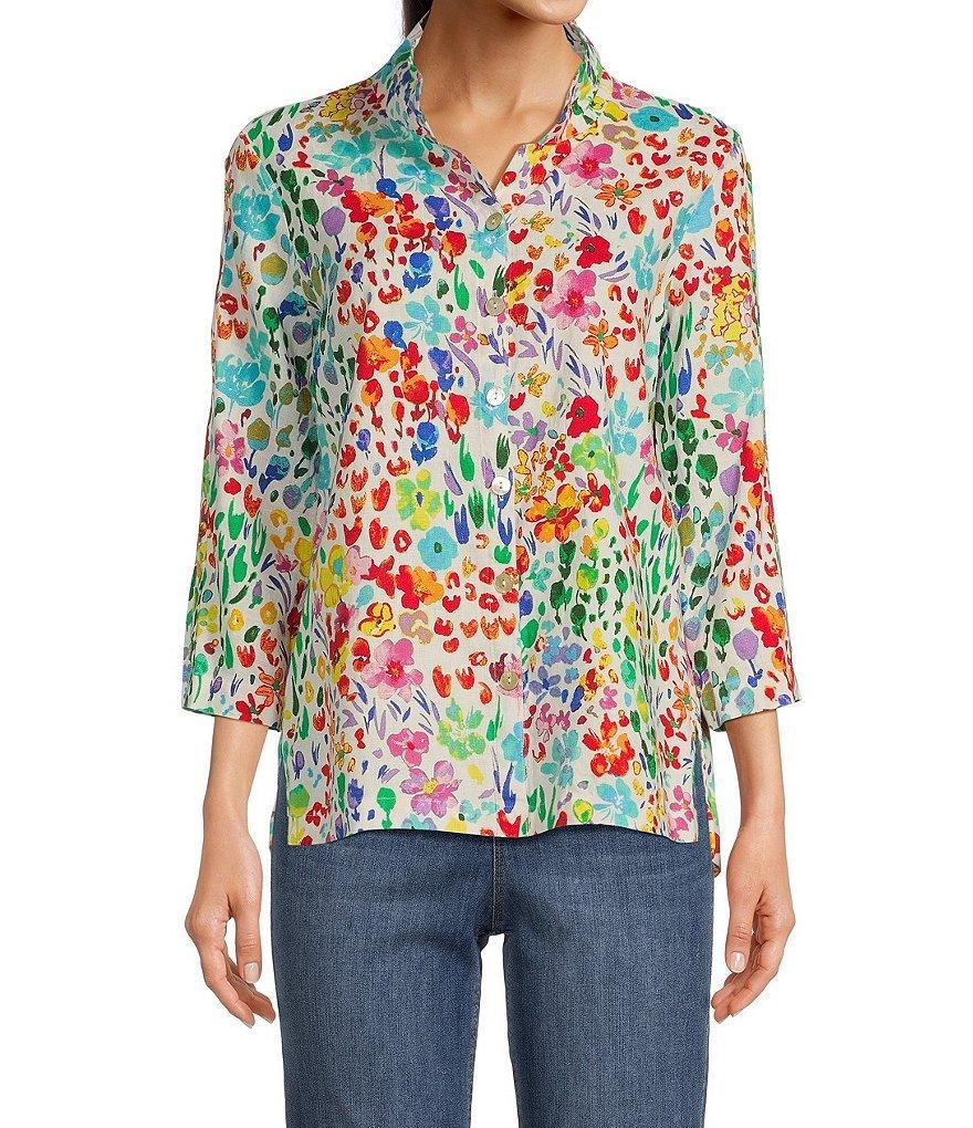 Ali Miles Petite Size Allover Floral Print Linen Blend 3/4 Sleeve Button-Front High-Low Tunic Product Image