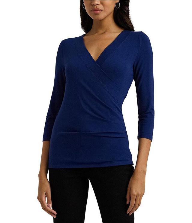 Lauren Ralph Lauren Solid Jersey Knit Surplice V-Neck 3/4 Sleeve Slim Fit Top Product Image