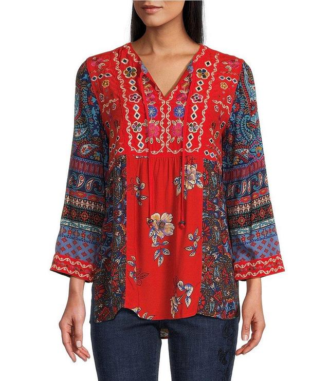 John Mark Embroidered Tie Front V-Neck 3/4 Sleeve Tunic Product Image