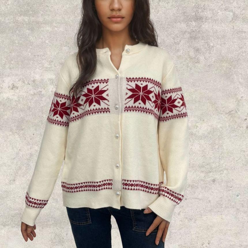 Crew Neck Snowflake Patterned Cardigan Product Image