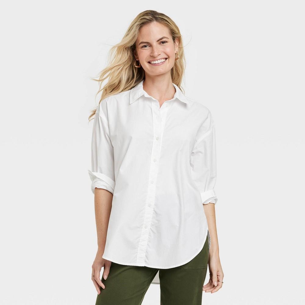 Womens Oversized Long Sleeve Collared Button-Down Shirt - Universal Thread White XS Product Image