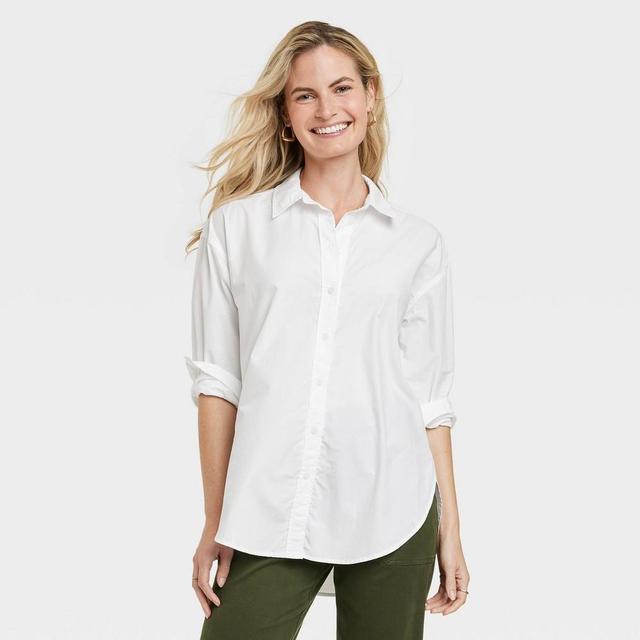 Womens Oversized Long Sleeve Collared Button-Down Shirt - Universal Thread White L Product Image